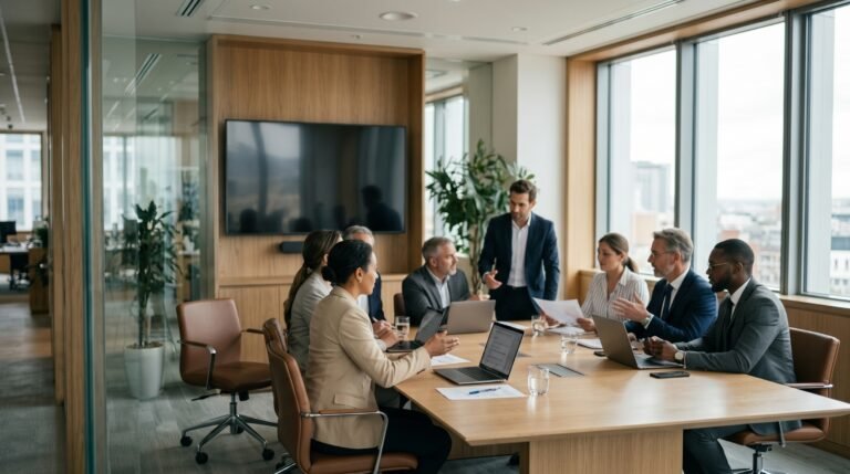 Equipo directivo multidisciplinar colaborando y debatiendo de forma autónoma en una sala de reuniones moderna.