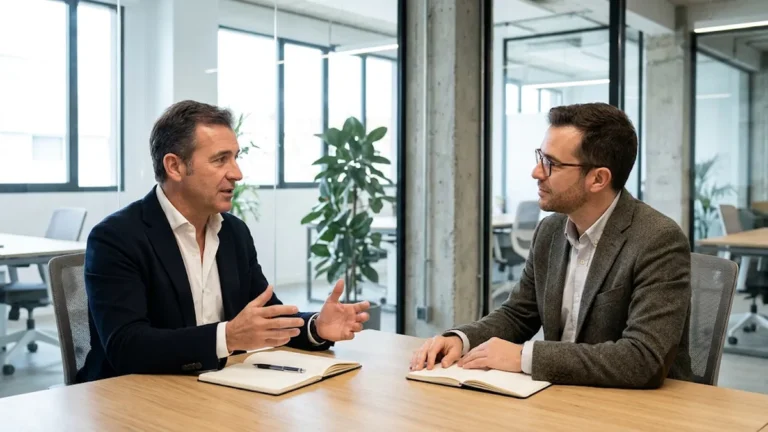 Dos profesionales conversando con cuadernos abiertos en una sesión de coaching ejecutivo para líderes