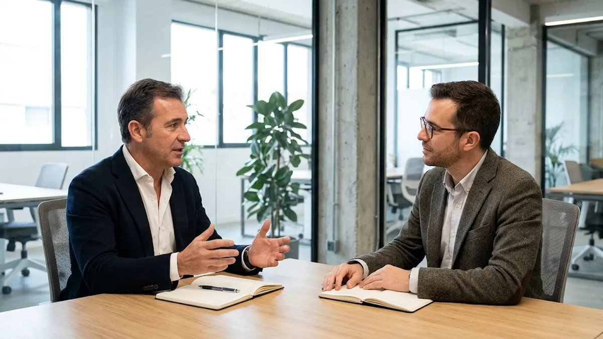 Dos profesionales conversando con cuadernos abiertos en una sesión de coaching ejecutivo para líderes