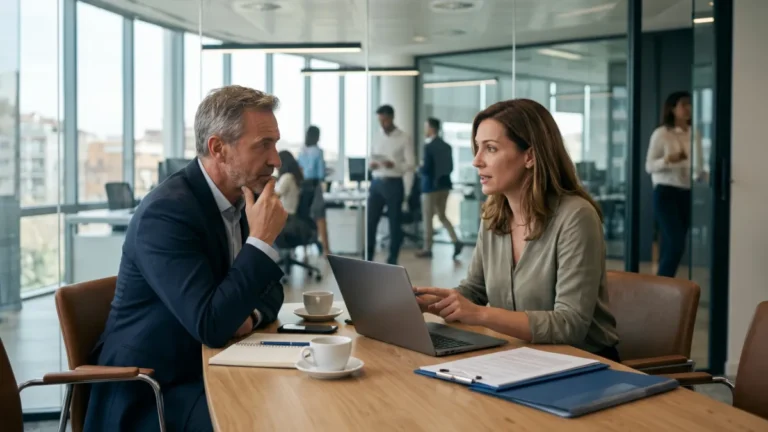 Director comercial y responsable de recursos humanos analizando datos de rotación en un equipo de ventas B2B en una oficina.
