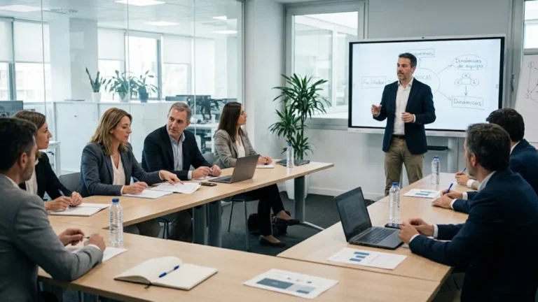 Grupo de ejecutivos y directivas en una sesión de formación y coaching de equipos comerciales con un facilitador en sala corporativa.
