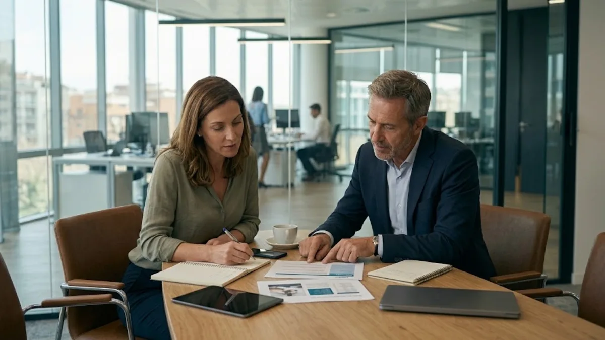Consultor y ejecutiva analizando con serenidad una propuesta en sala de reuniones, trabajando la gestión del rechazo en ventas B2B.