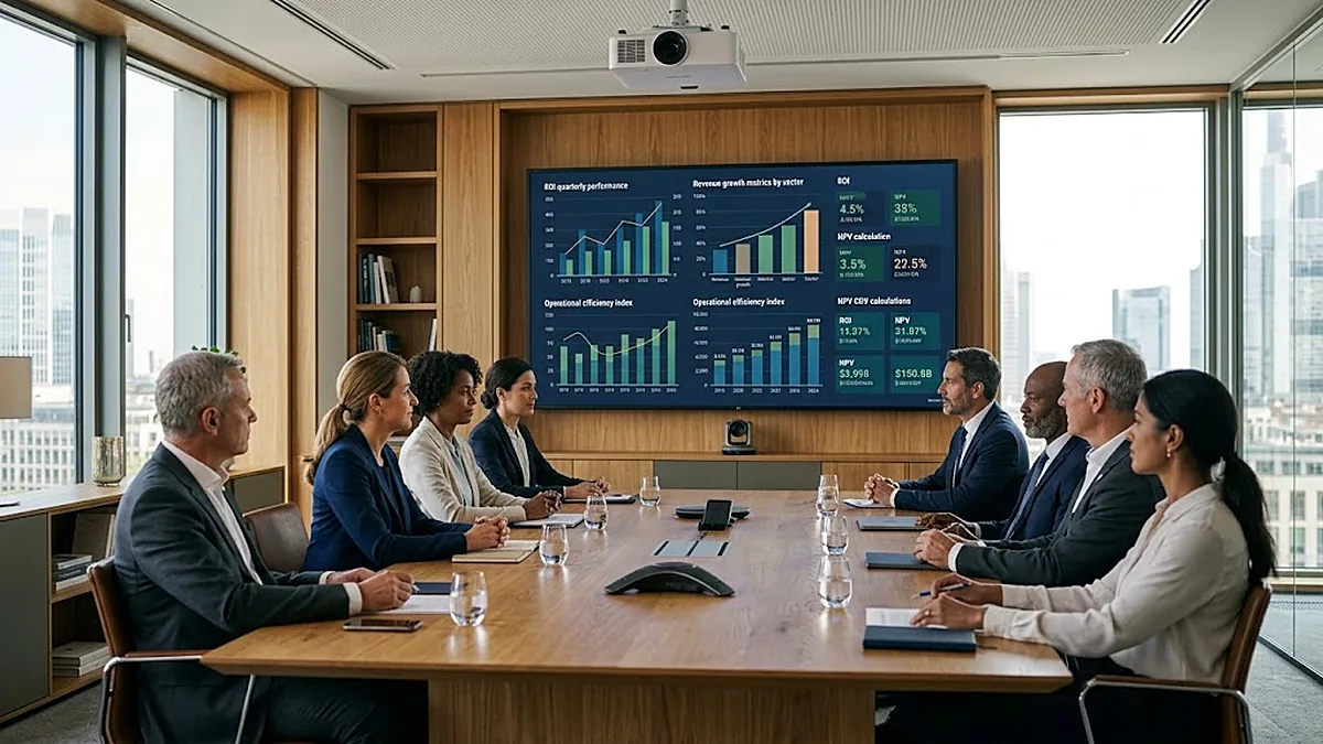 Comité de dirección analizando métricas de rendimiento y el ROI del coaching comercial en una reunión corporativa